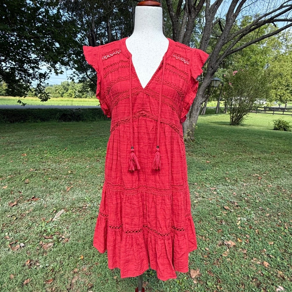 Knox Rose Womens Red Crochet Lace Tiered Boho Mini Dress Flutter Sleeve Medium - Picture 2 of 9